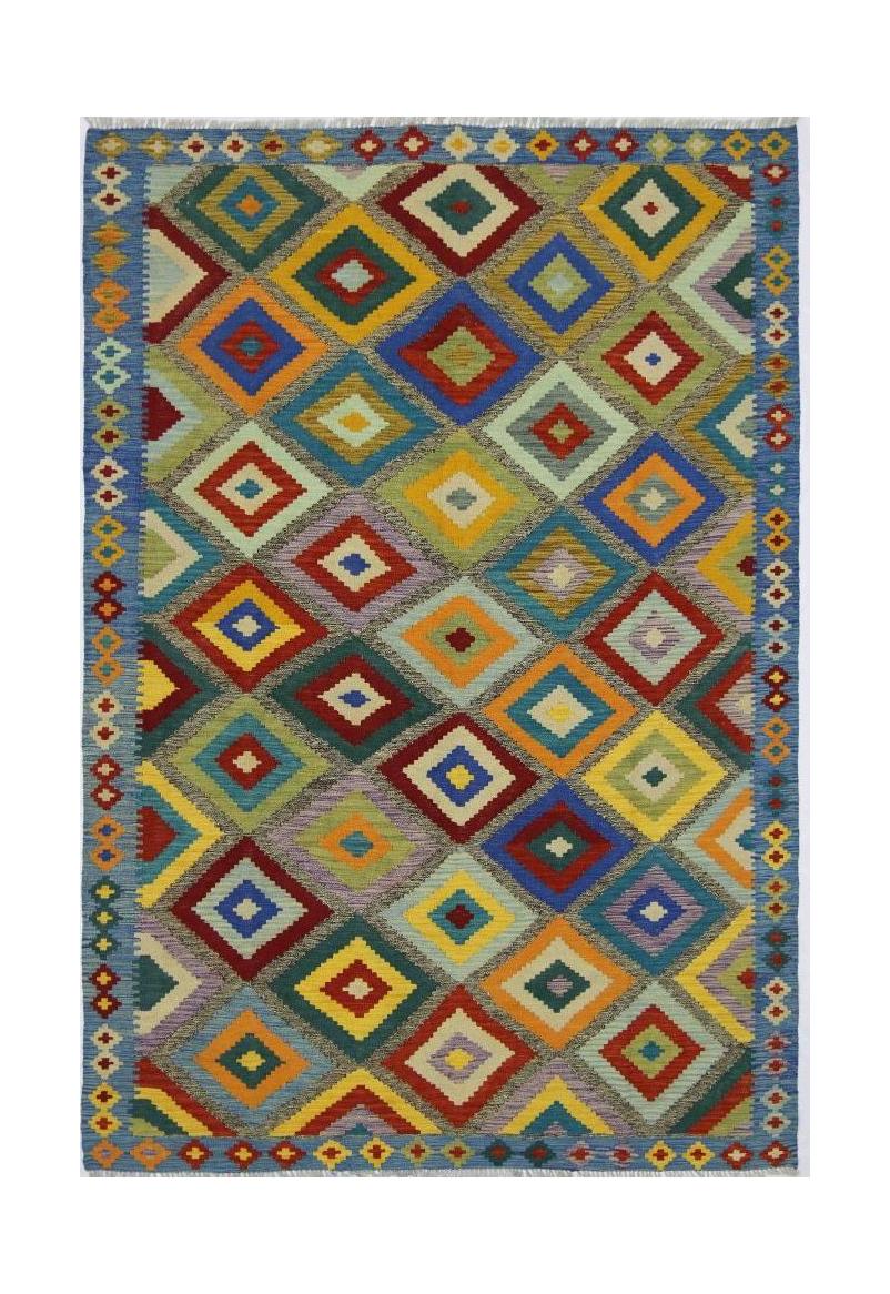 Handmade Afghan Maimana kilim rug featuring a colorful geometric diamond pattern on a blue border.