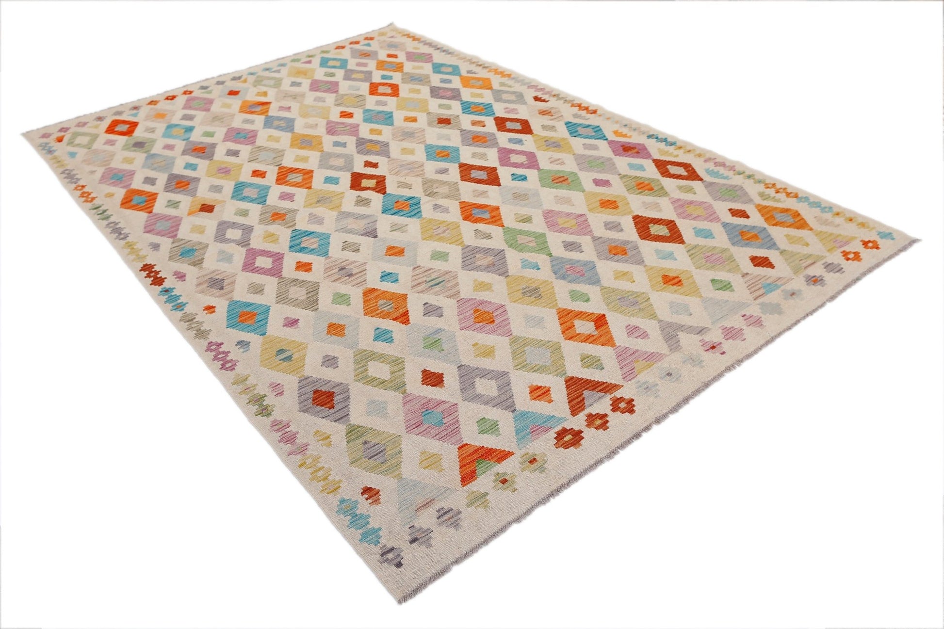 Handwoven Afghan Maimana kilim rug featuring a colorful geometric diamond pattern on a light base.