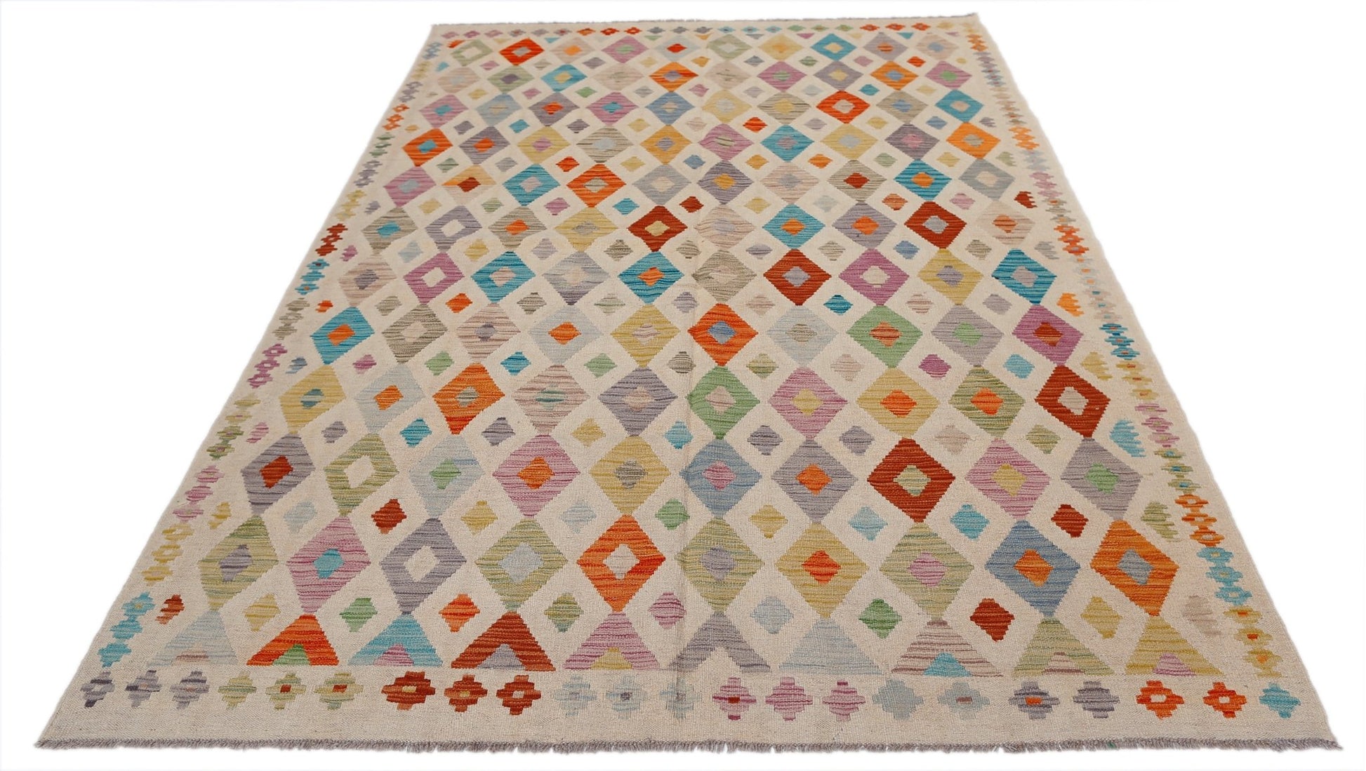 Handwoven Afghan Maimana kilim rug featuring a colorful geometric diamond pattern on a cream base.