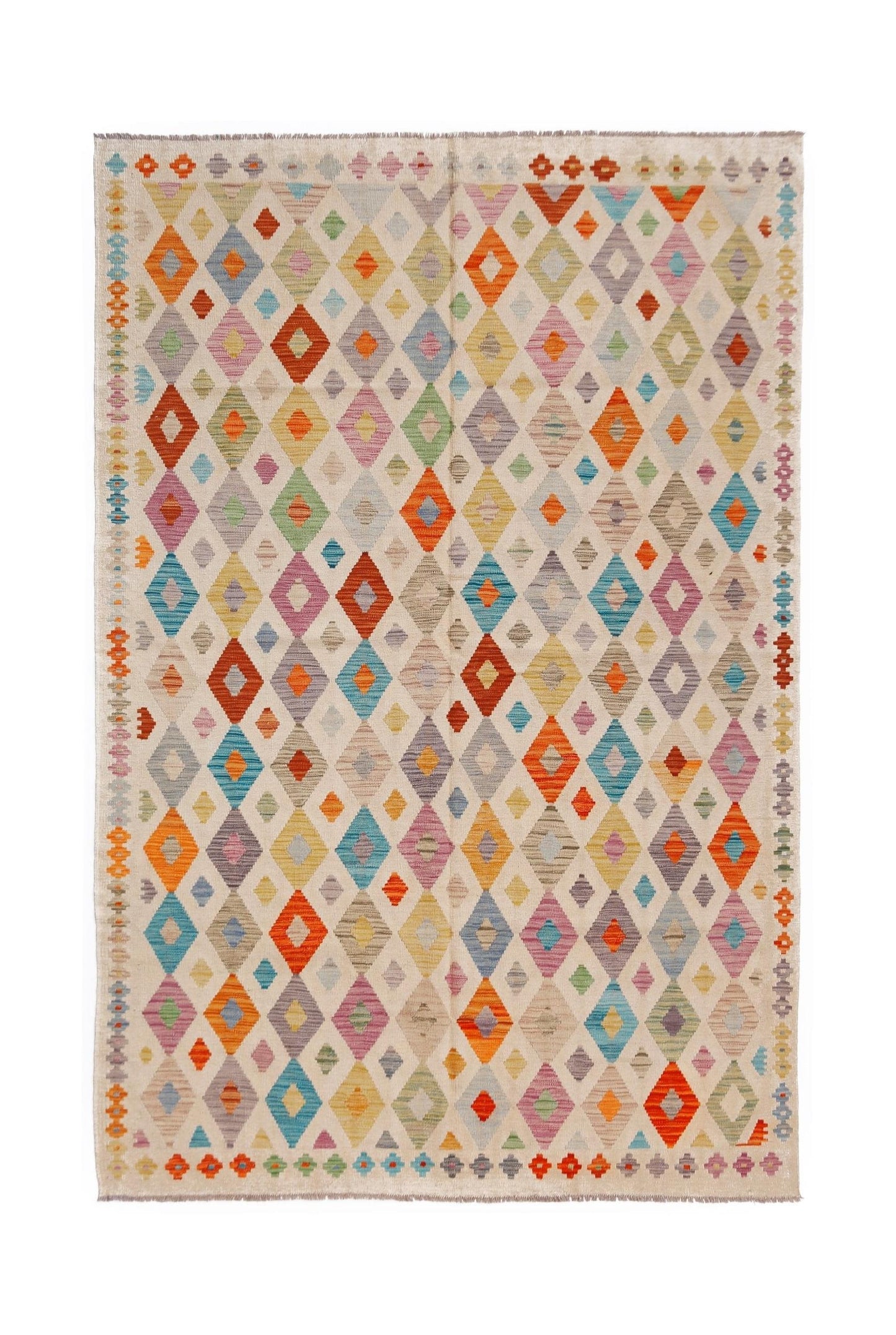 Handmade Afghan Maimana kilim rug featuring a colorful geometric diamond pattern on a cream base.