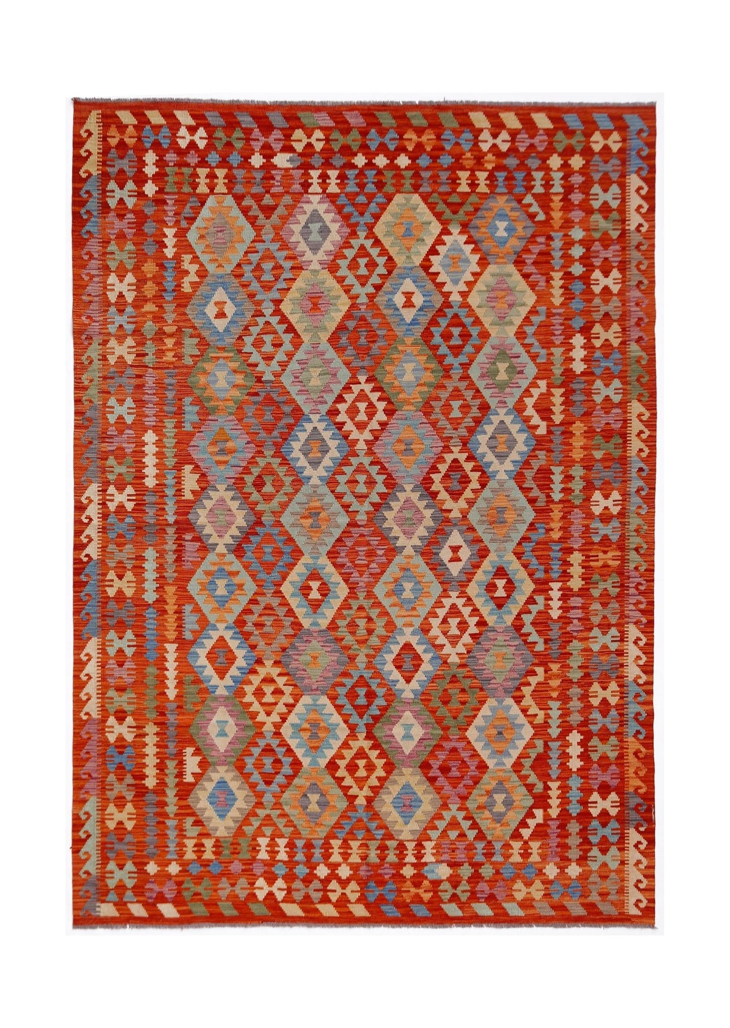 Handwoven Afghan Maimana kilim rug featuring a vibrant red field with geometric diamond patterns.