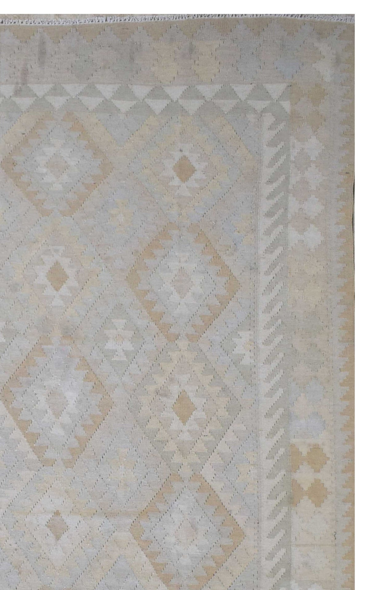 Handmade Afghan Maimana kilim rug featuring a geometric diamond pattern in neutral beige tones.