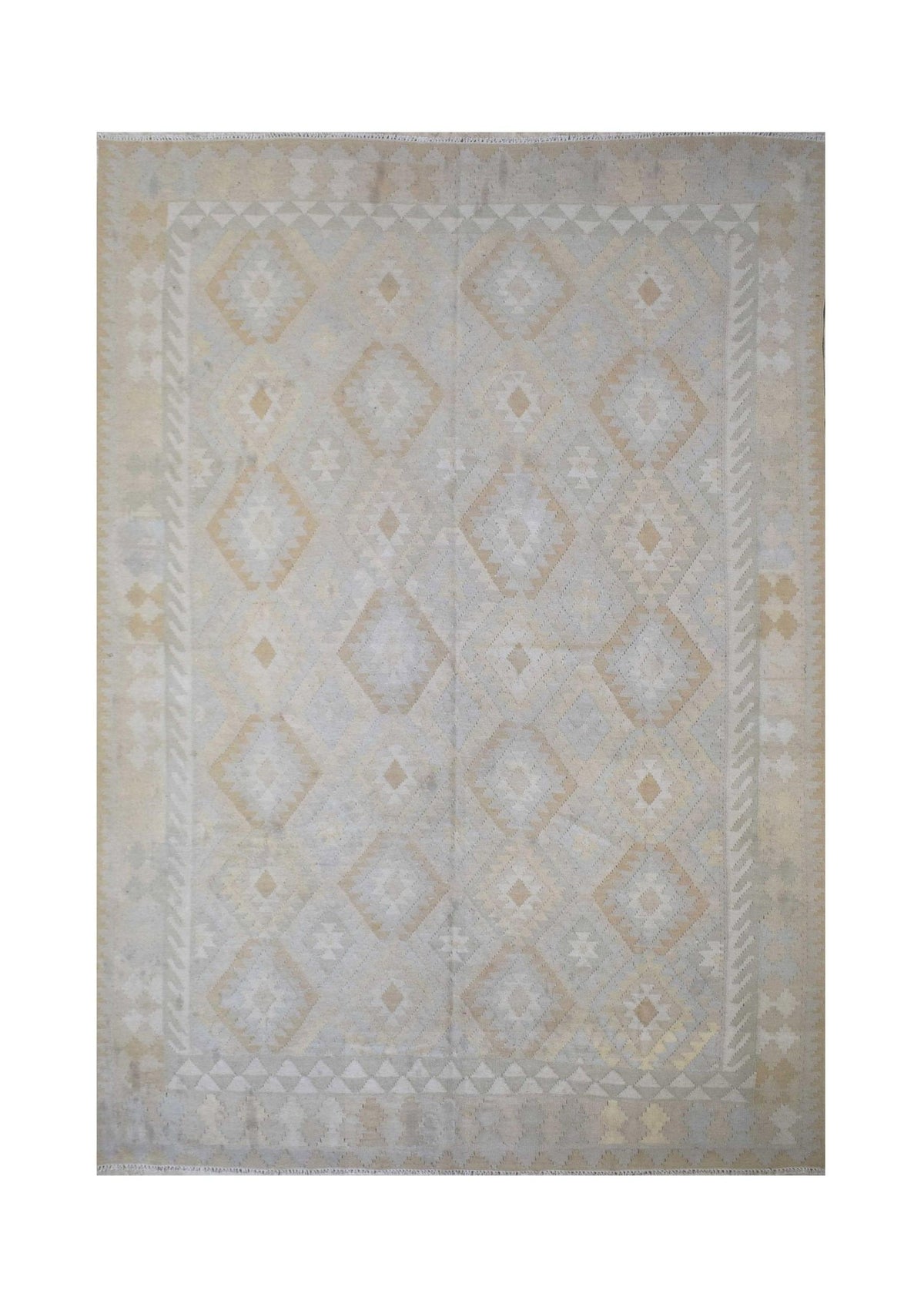 Handmade Afghan Maimana kilim rug featuring a geometric diamond pattern in neutral beige tones.