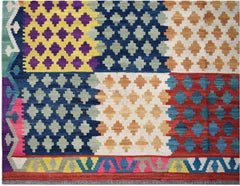 Handmade Afghan Maimana kilim rug featuring a colorful geometric patchwork pattern in wool.