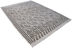 Handmade Afghan Maimana kilim rug featuring a geometric diamond pattern in brown and cream wool.