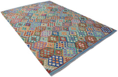 Handwoven Afghan Maimana kilim rug featuring a colorful geometric pattern in wool.