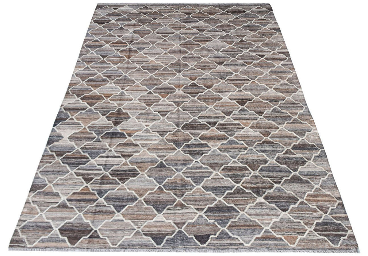 Handwoven Afghan Maimana kilim rug featuring a geometric pattern in shades of brown and grey.