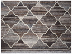 Handwoven Afghan Maimana kilim rug featuring a brown and grey geometric quatrefoil pattern.