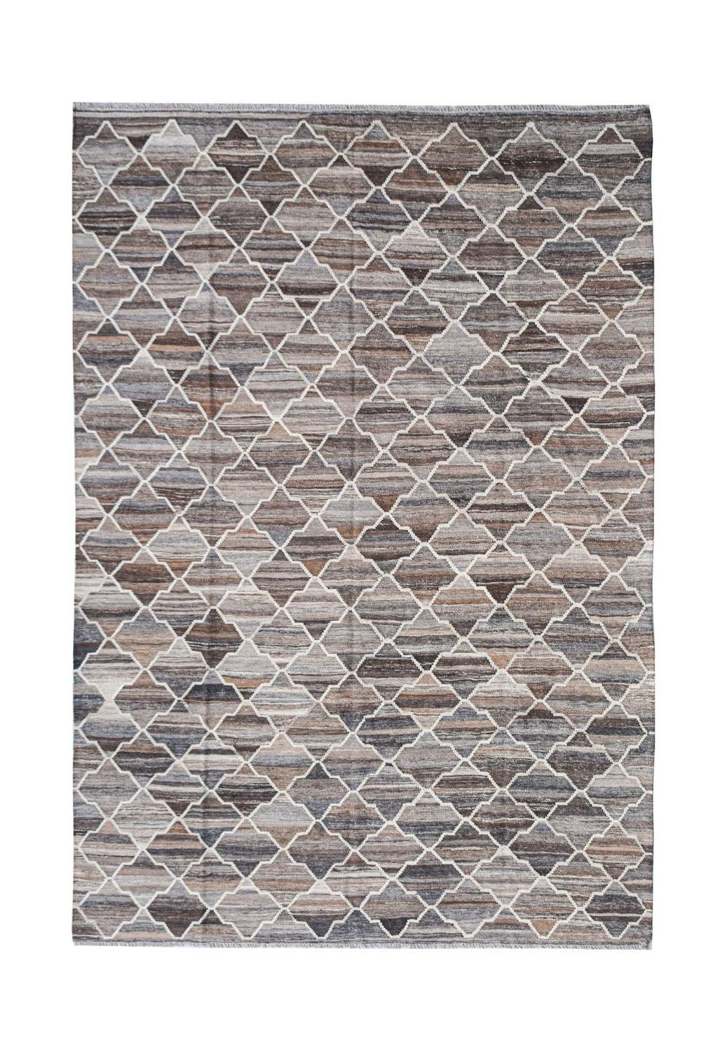 Afghan Maimana Kilim with a geometric pattern in shades of brown and grey.
