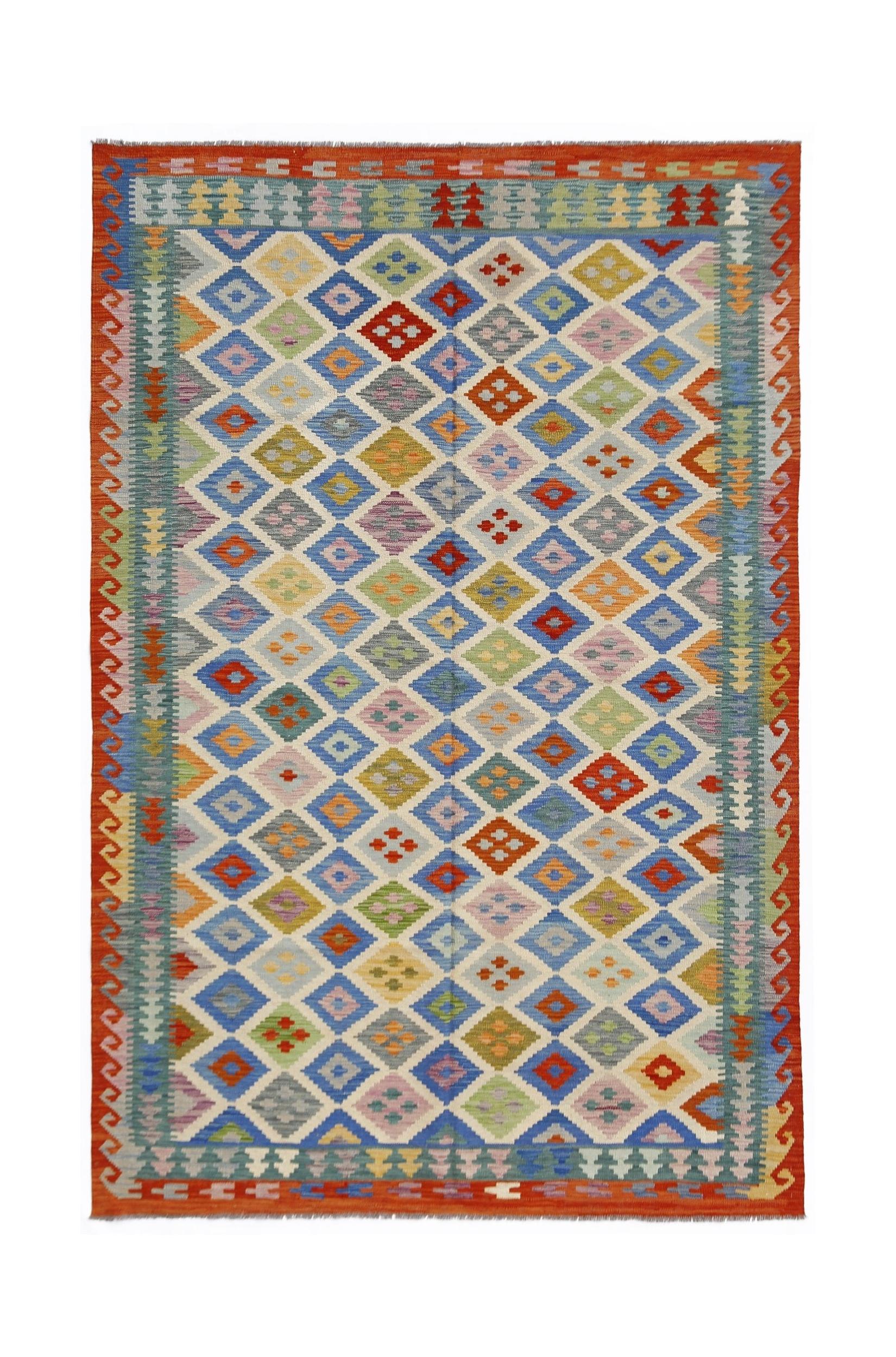Handwoven Afghan Maimana kilim rug featuring a colorful geometric diamond pattern.