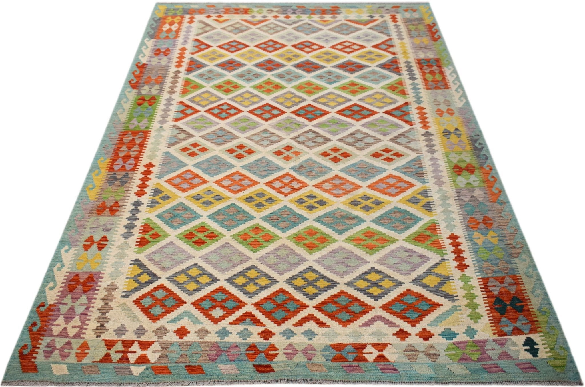A handmade Afghan Maimana kilim rug featuring a colorful geometric diamond pattern.