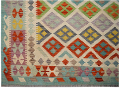 Handwoven Afghan Maimana kilim rug featuring a colorful geometric diamond pattern.
