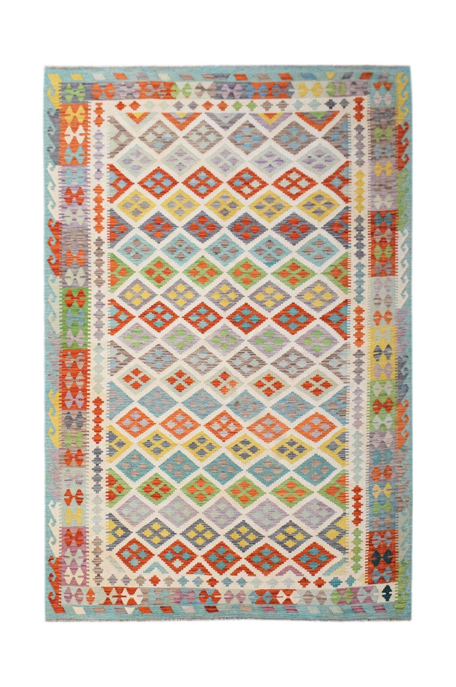 Handwoven Afghan Maimana kilim rug featuring a colorful geometric diamond pattern.