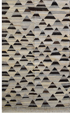 Handmade Afghan Maimana kilim rug featuring a repeating geometric triangle pattern in neutral tones.