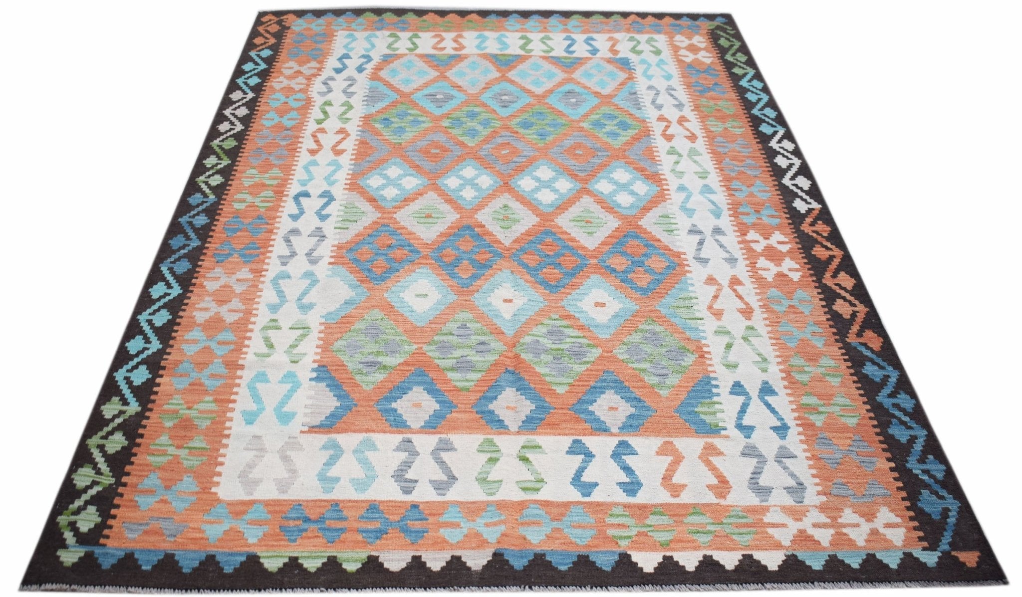 Handwoven Afghan Maimana kilim rug featuring a geometric diamond pattern in blue, orange, and green.