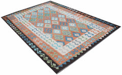 Handwoven Afghan Maimana kilim rug featuring a geometric diamond pattern in orange and blue tones.