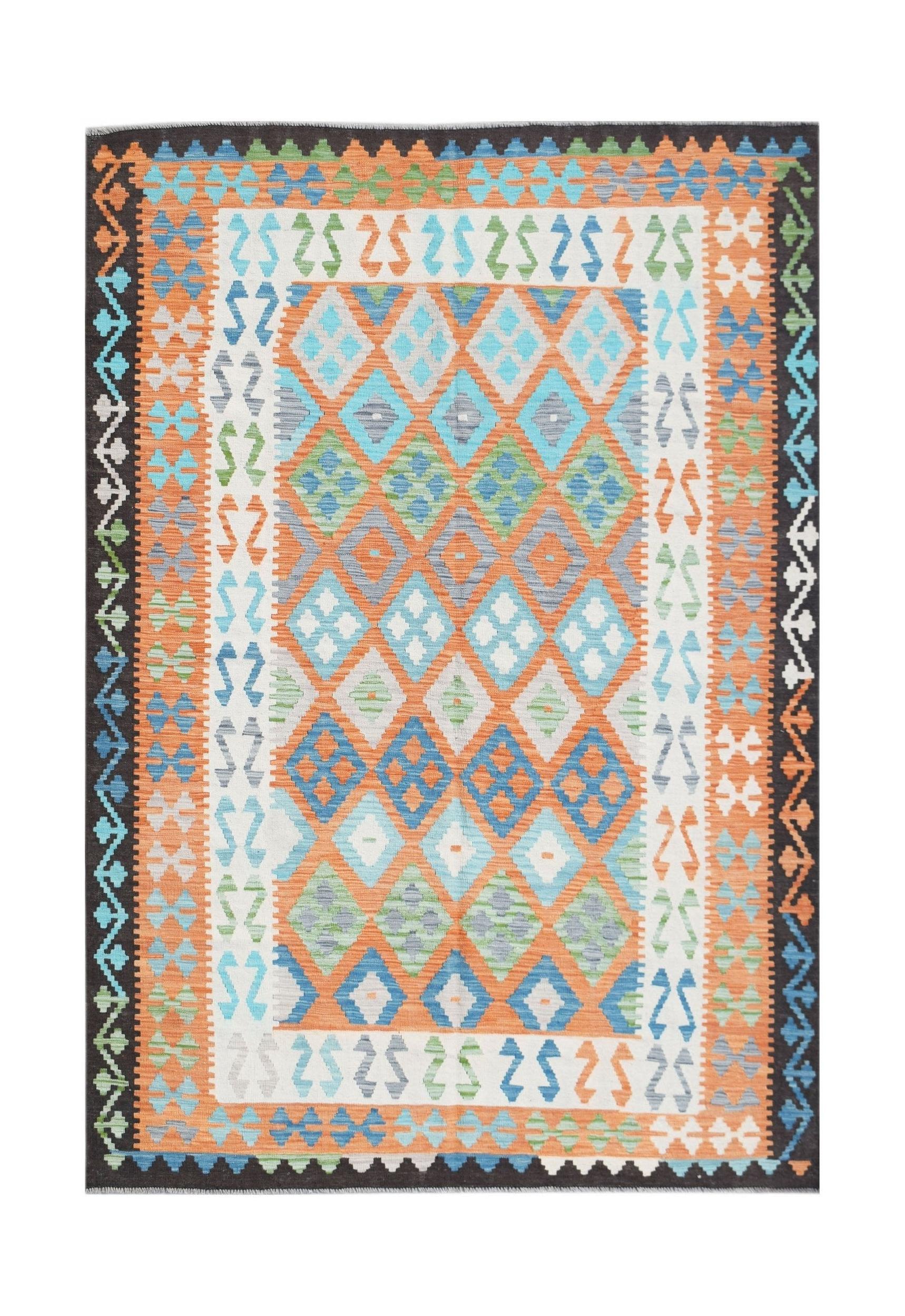 Handwoven Afghan Maimana kilim rug featuring a colorful geometric diamond pattern.