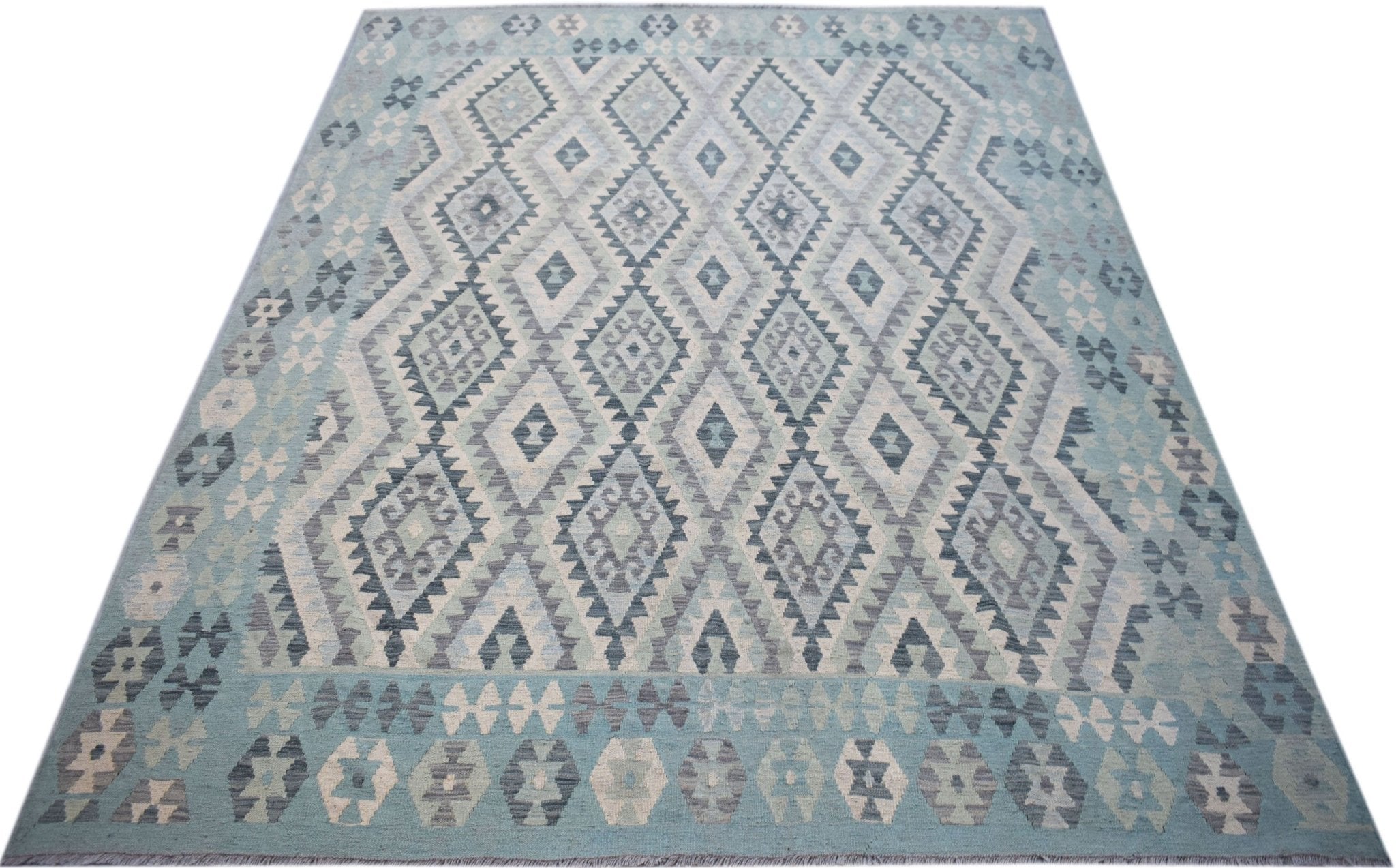 Handwoven Afghan Maimana kilim rug featuring a light blue and grey geometric diamond pattern.