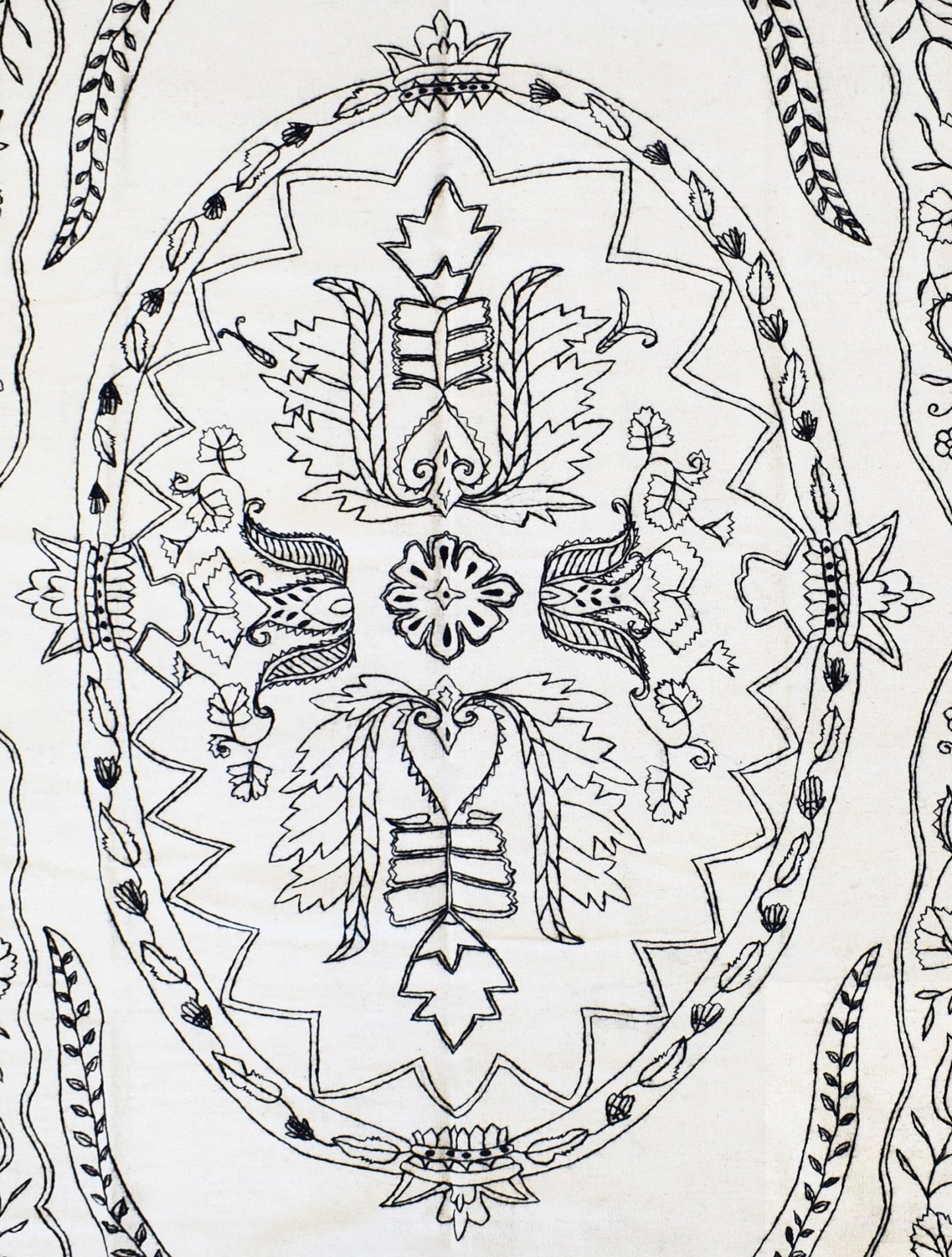 A close-up of a handmade Afghan kilim featuring intricate black floral embroidery on white wool.