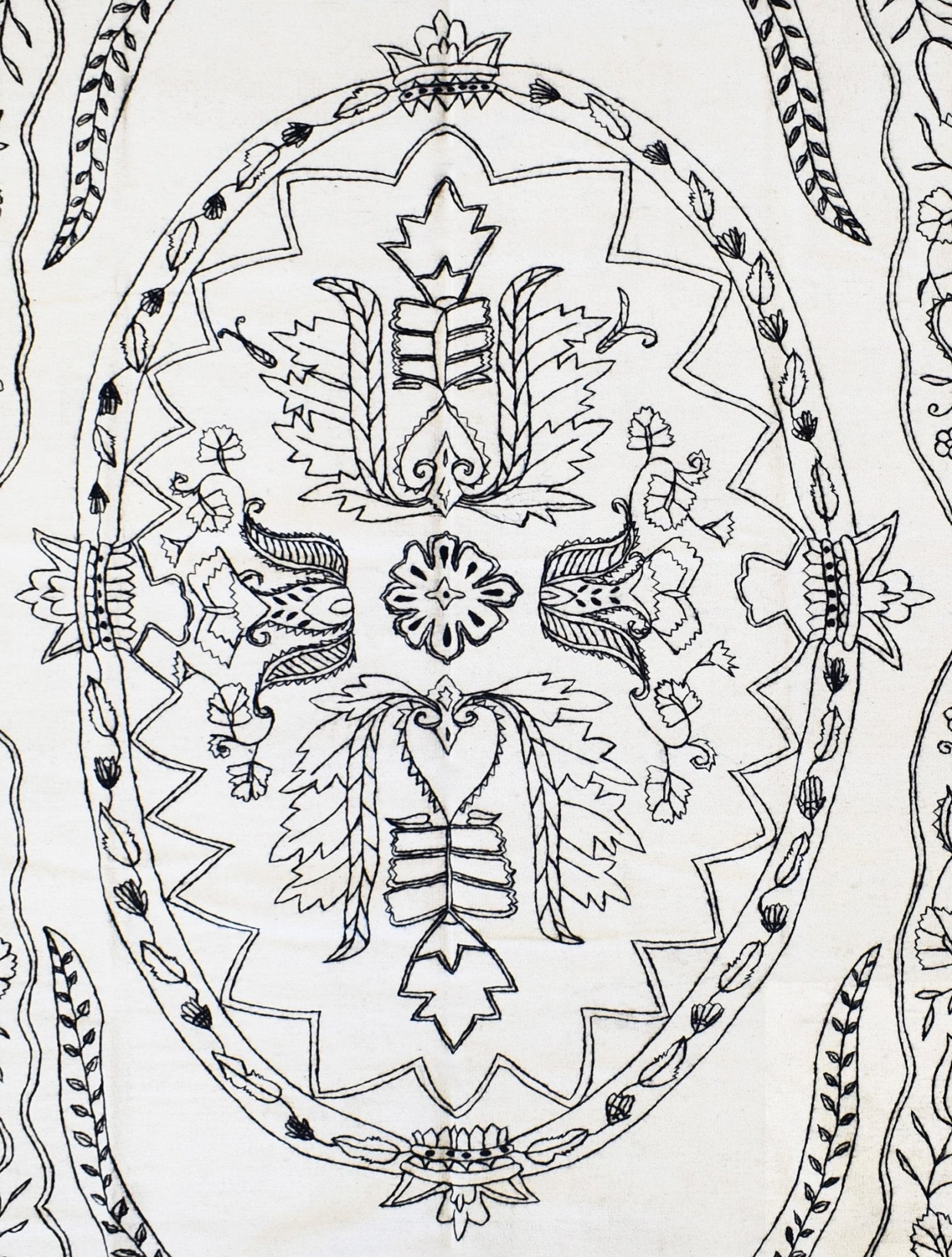 A close-up of a handmade Afghan kilim featuring intricate black floral embroidery on white wool.