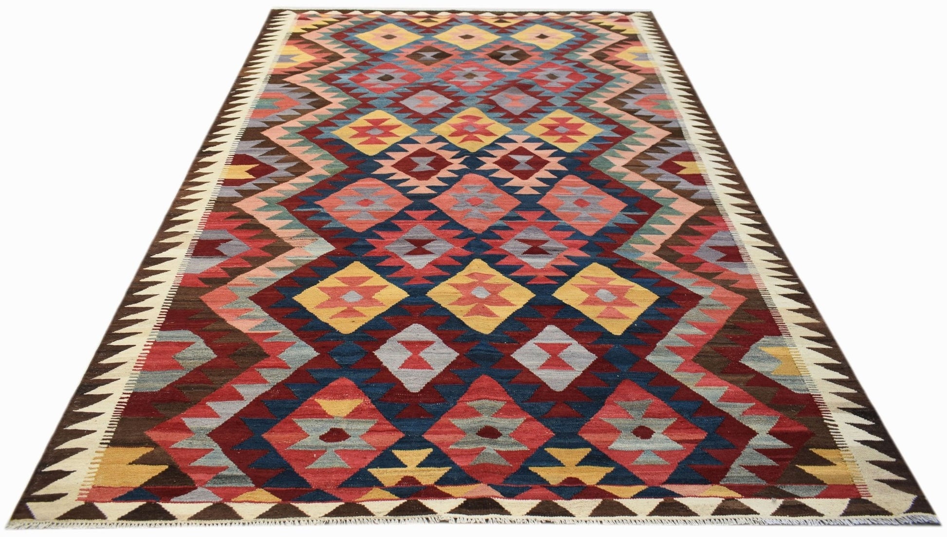 Handwoven Afghan Maimana kilim rug featuring a colorful geometric diamond pattern.