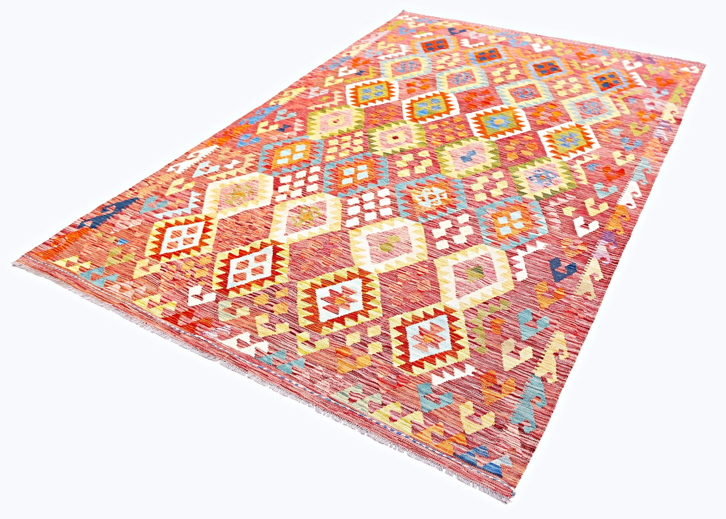 Handwoven Afghan Maimana kilim rug featuring a vibrant red background with geometric diamond motifs.