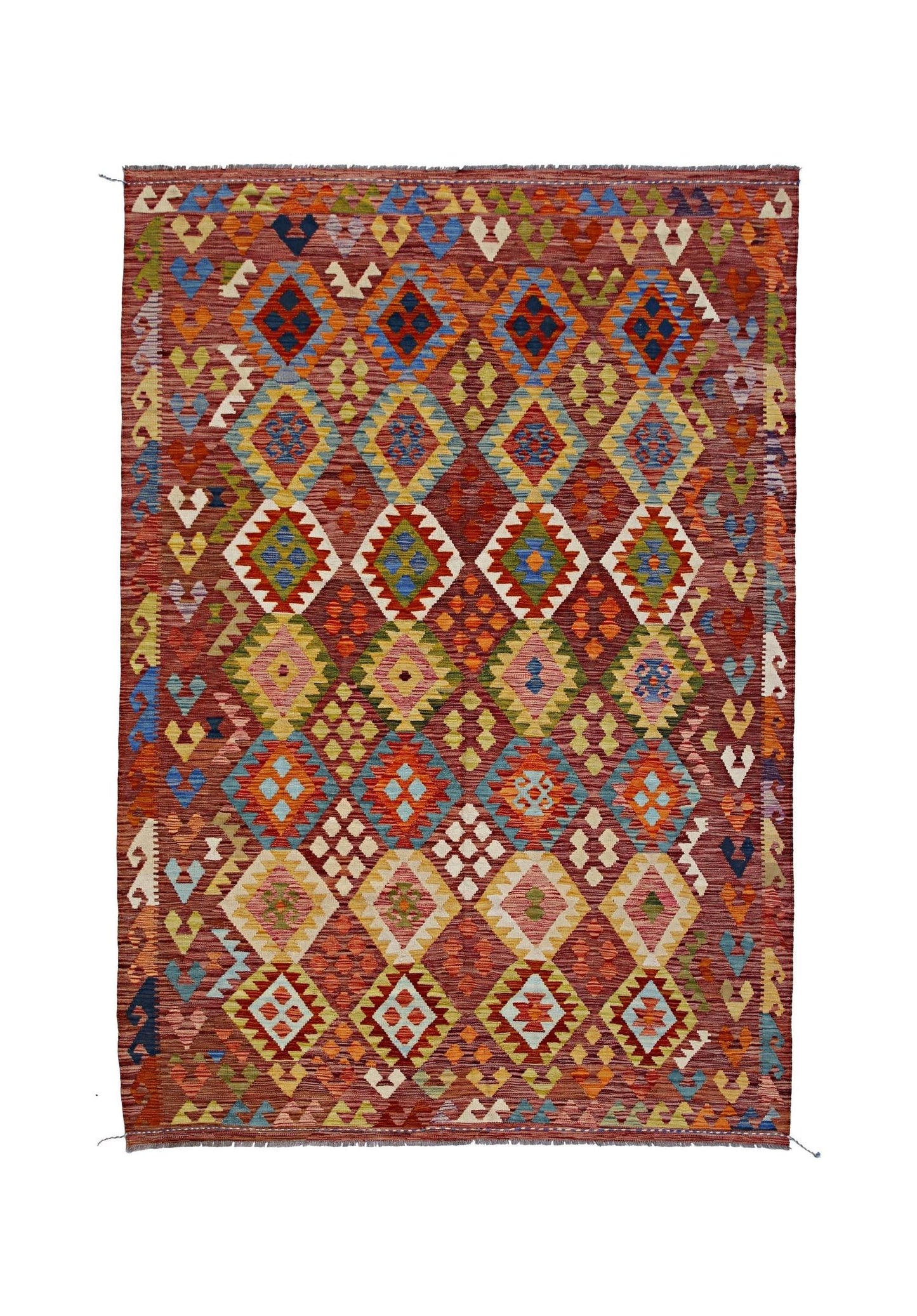 Handwoven Afghan Maimana kilim rug featuring a vibrant geometric diamond pattern in wool.