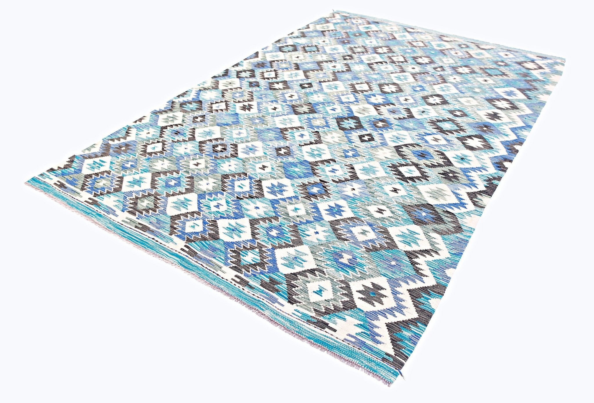 Handwoven Afghan Maimana kilim rug featuring a geometric diamond pattern in blue and grey tones.
