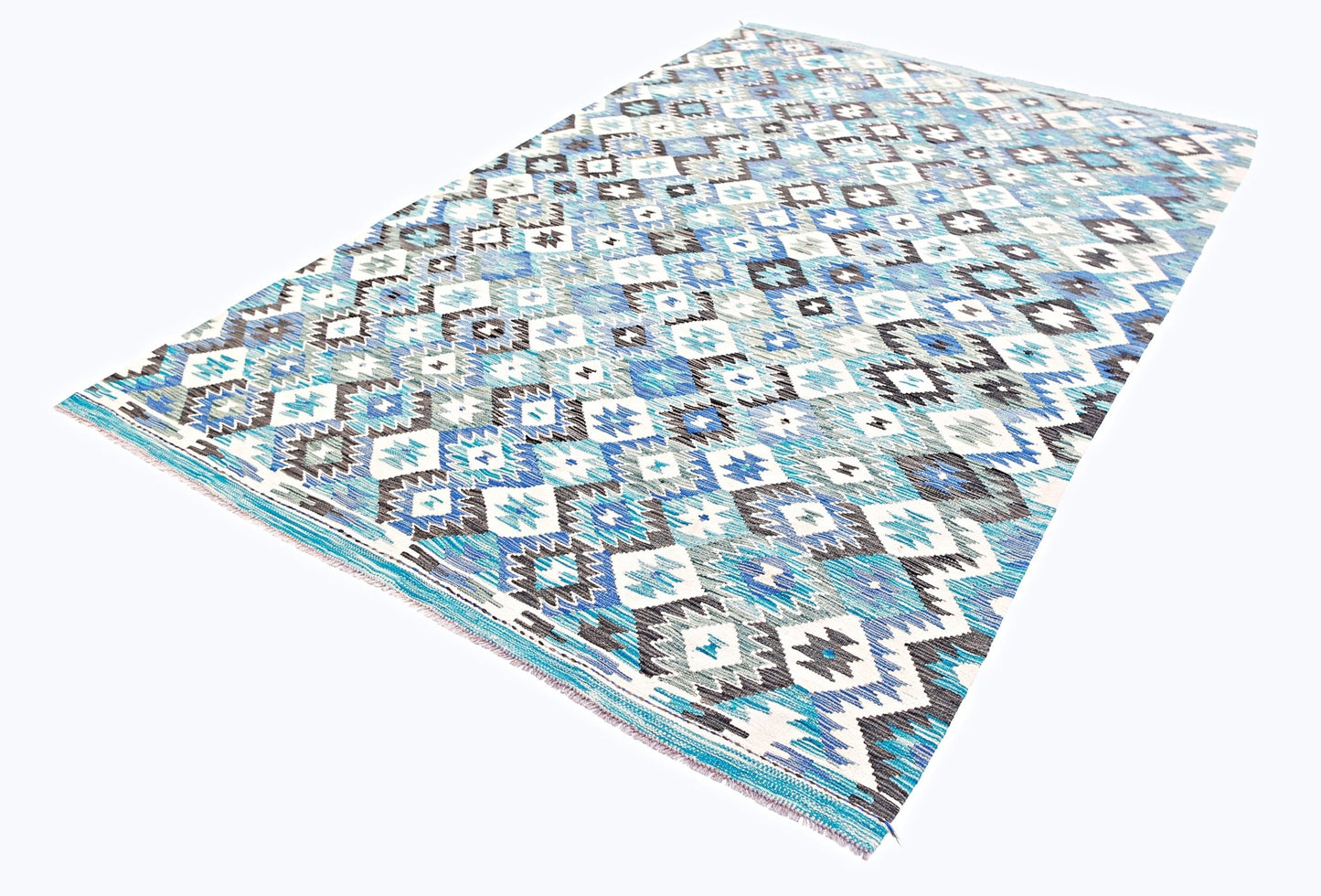 Handwoven Afghan Maimana kilim rug featuring a geometric diamond pattern in blue and grey tones.