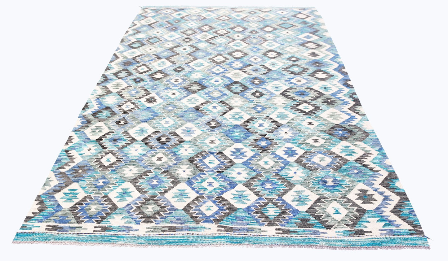 Handwoven Afghan Maimana kilim rug featuring a geometric diamond pattern in shades of blue and grey.