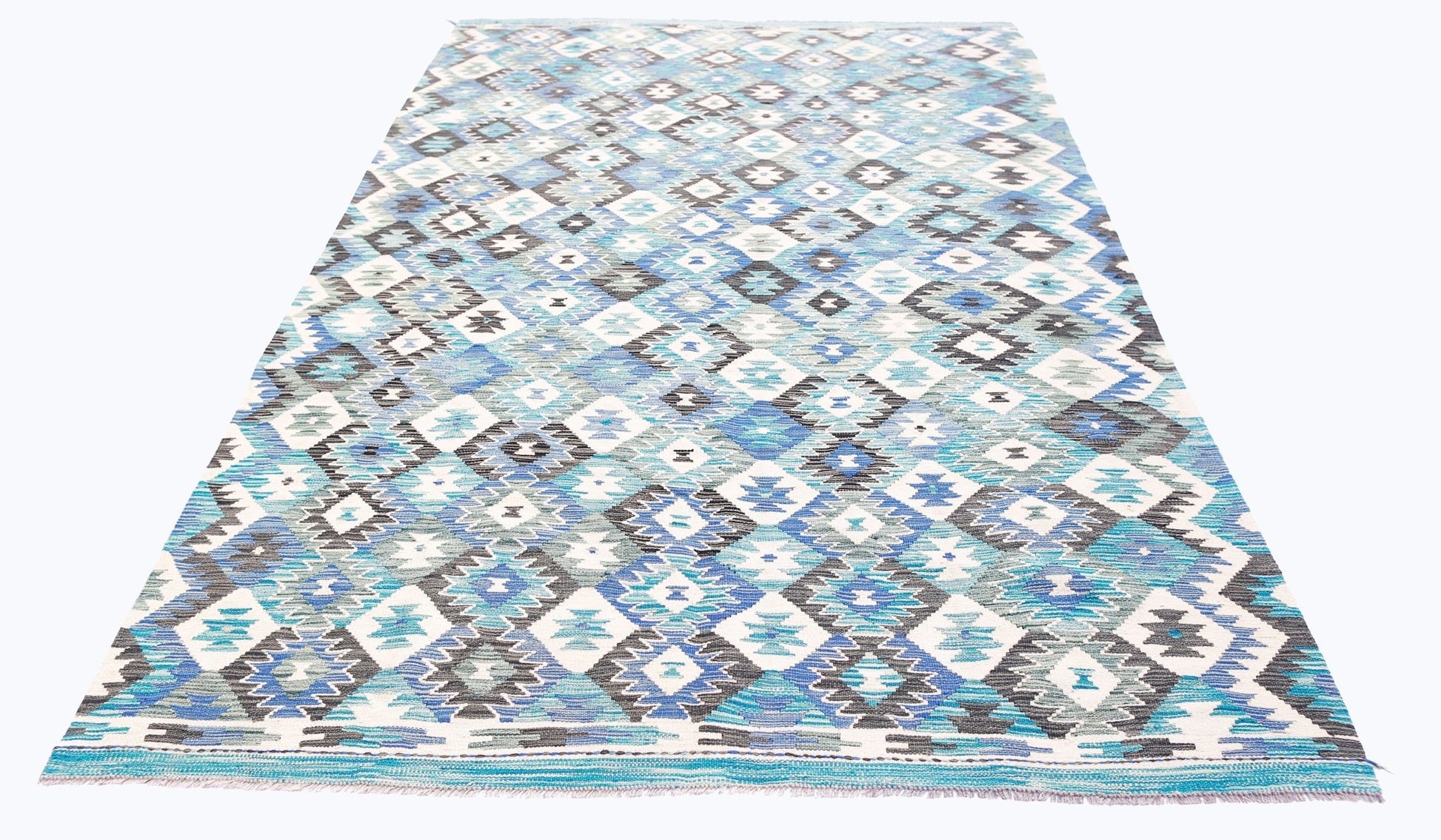 Handwoven Afghan Maimana kilim rug featuring a geometric diamond pattern in shades of blue and grey.