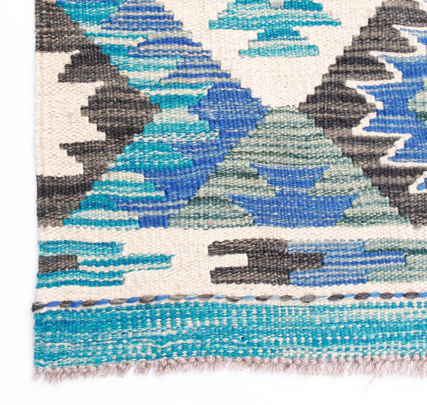 Handwoven Afghan Maimana kilim featuring a geometric pattern in shades of blue, grey, and cream.