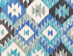 Handwoven Afghan Maimana kilim featuring a geometric diamond pattern in shades of blue and grey.
