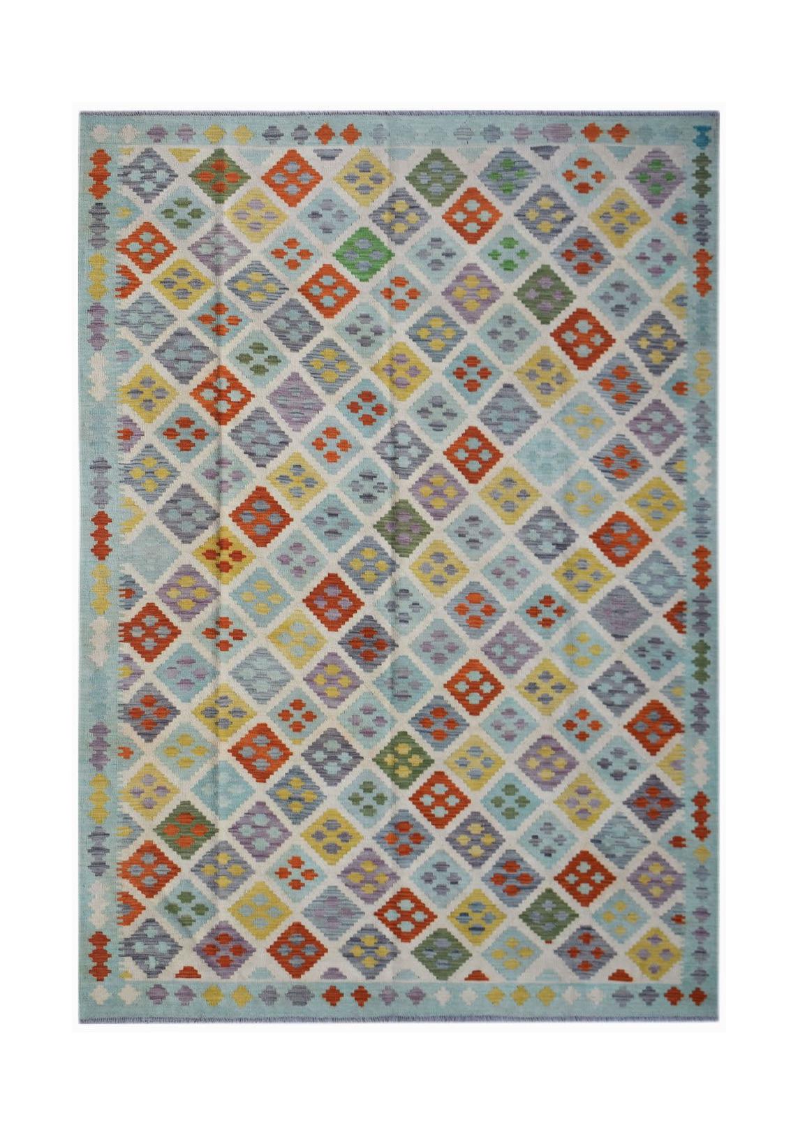 Handwoven Afghan Maimana kilim rug featuring a colorful geometric diamond pattern on a blue base.