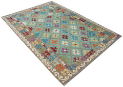 Handwoven Afghan Maimana kilim rug featuring a colorful geometric diamond pattern on a blue field.
