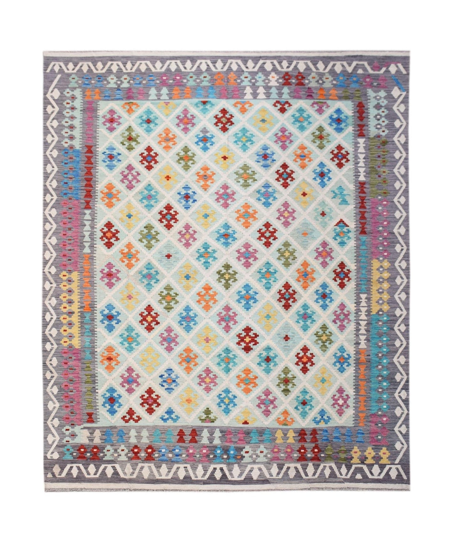Handmade Afghan Maimana kilim rug featuring a colorful geometric diamond pattern on a light base.