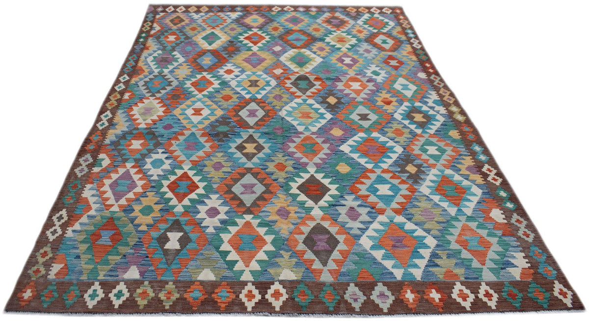 Handmade Afghan Maimana kilim rug featuring a colorful geometric diamond pattern.