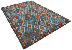 Handwoven Afghan Maimana kilim rug featuring a colorful geometric pattern on a brown border.