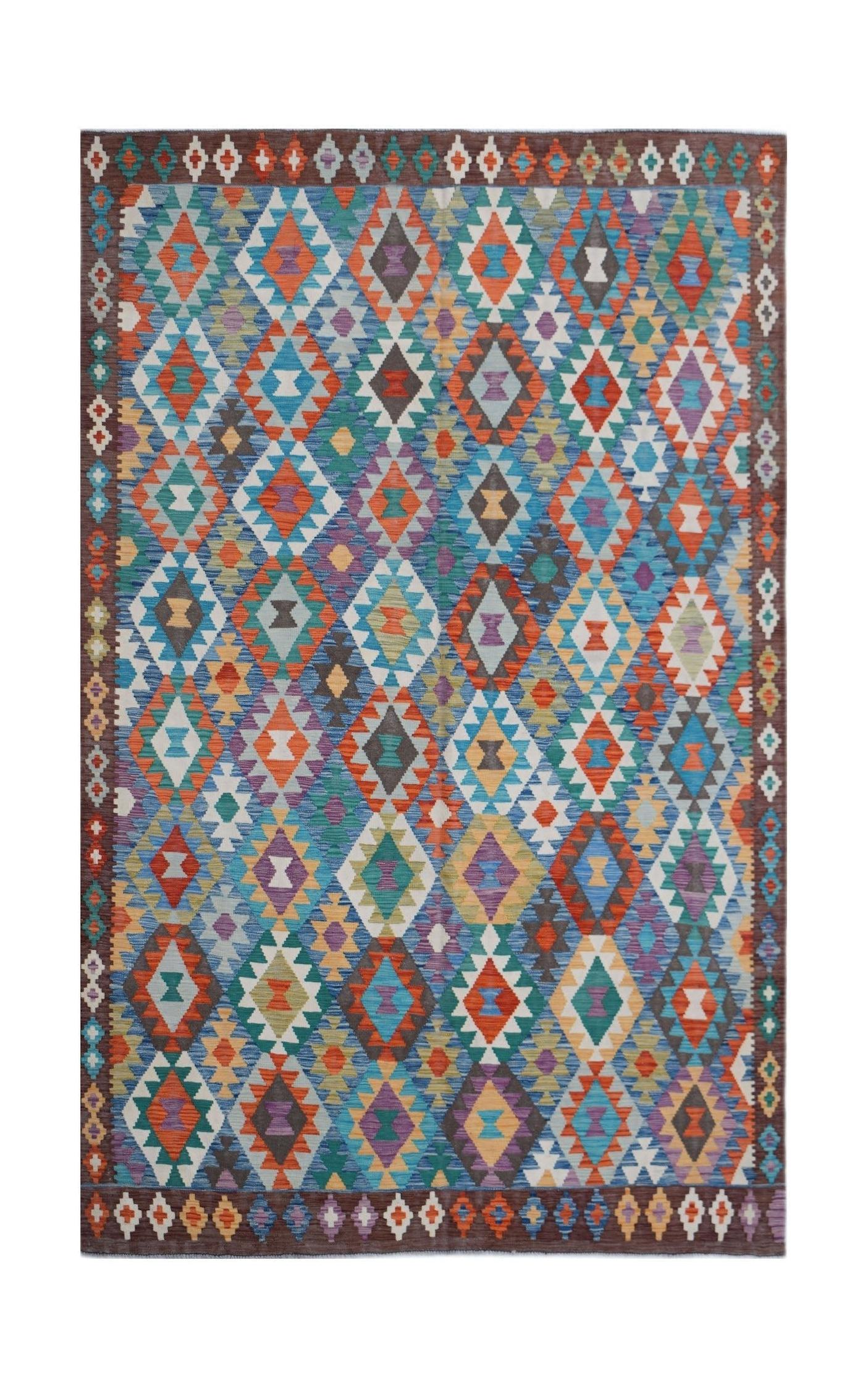 Handwoven Afghan Maimana kilim rug featuring a vibrant, multicolored geometric diamond pattern.