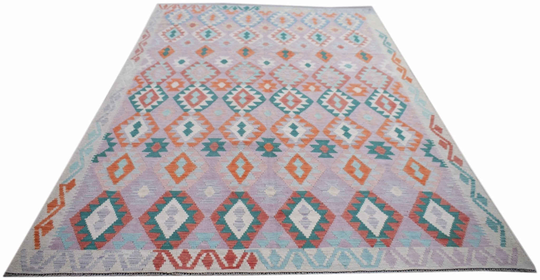 Handwoven Afghan Maimana kilim rug featuring a geometric diamond pattern in pastel and bold tones.