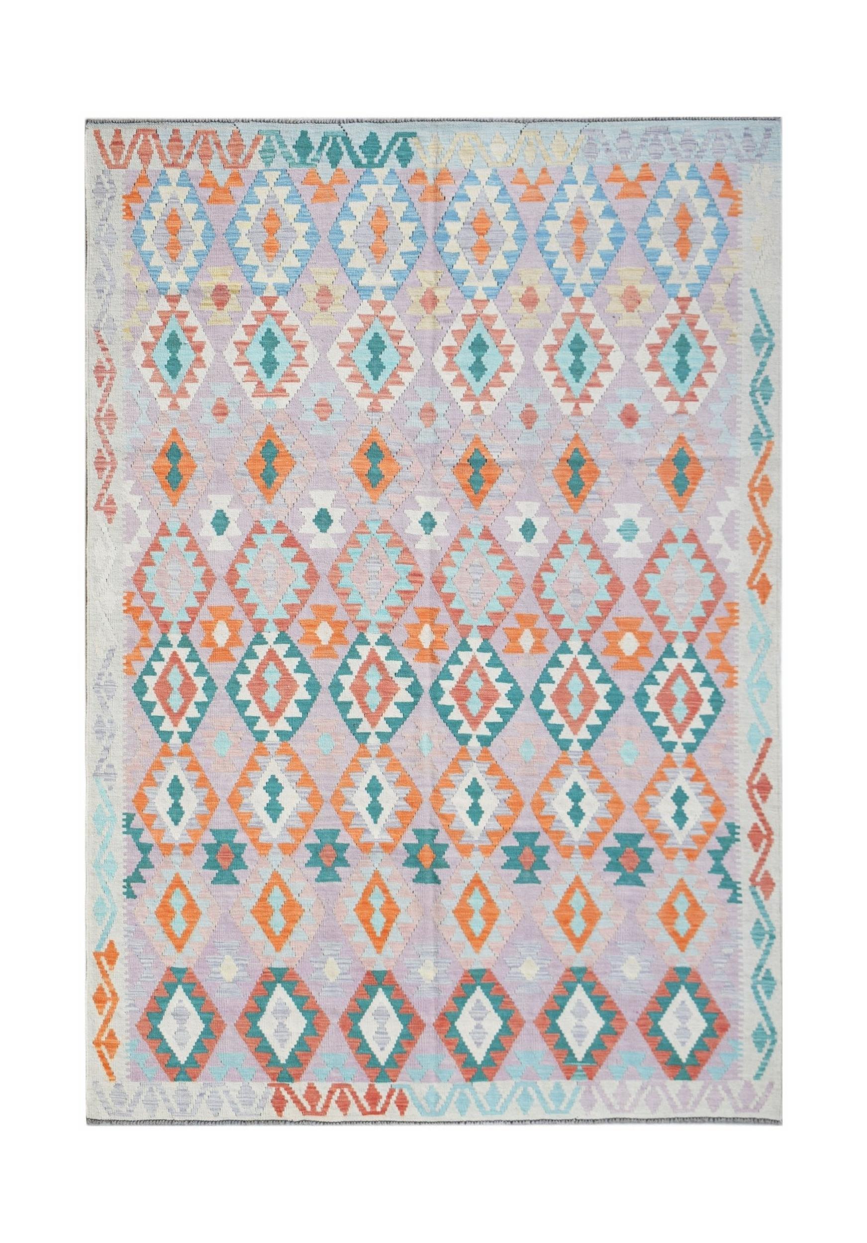 Handwoven Afghan Maimana kilim rug featuring a geometric diamond pattern in pastel tones.
