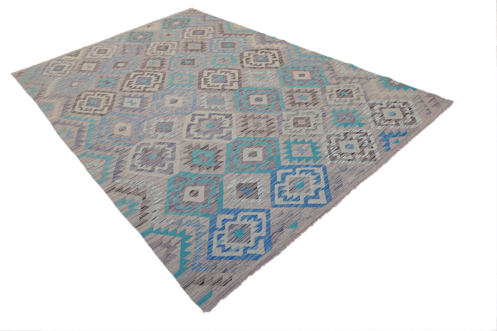 Handwoven Afghan Maimana kilim rug featuring a geometric pattern in shades of blue and grey.