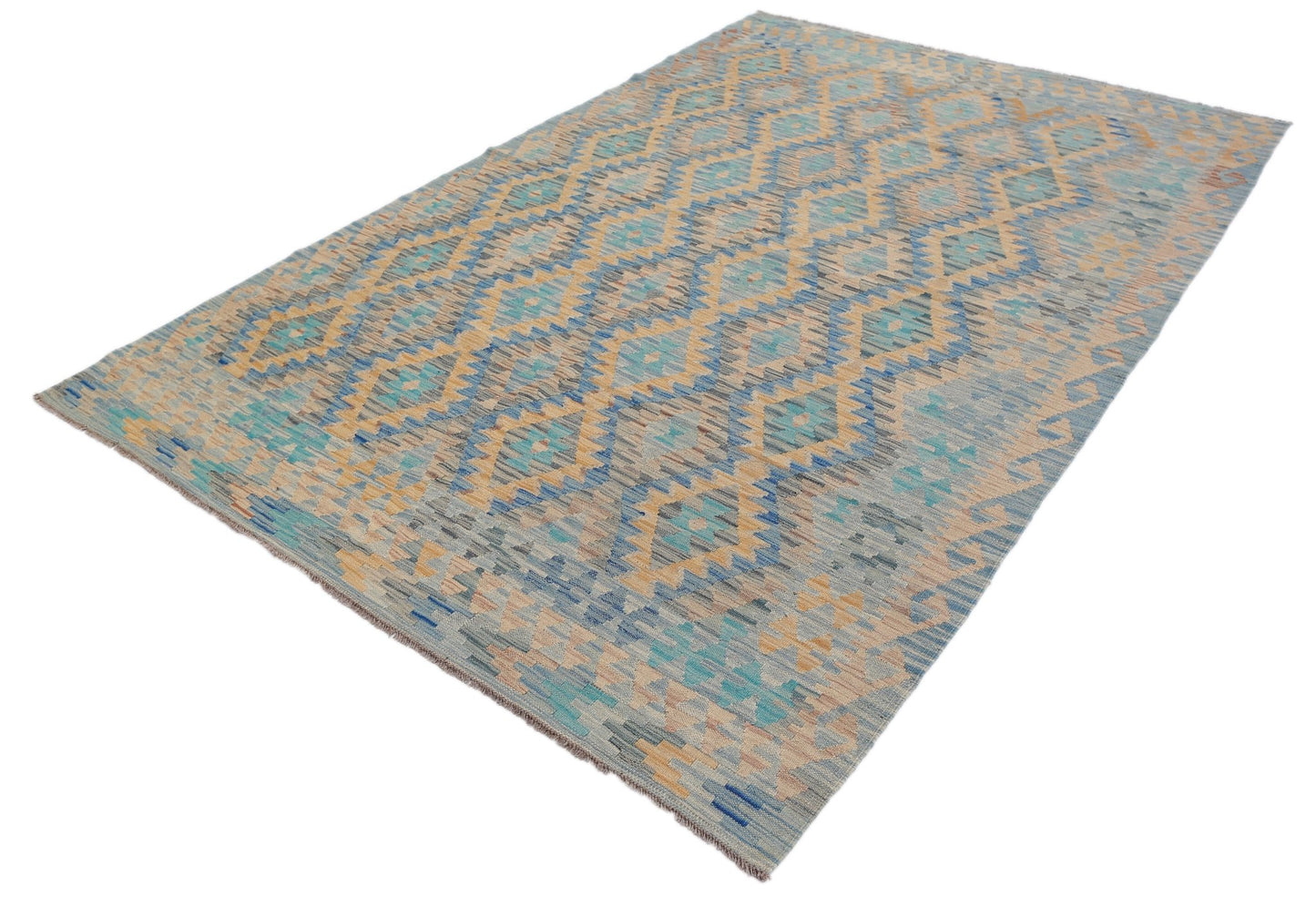 Handwoven Afghan Maimana kilim rug featuring a geometric diamond pattern in blue and tan tones.