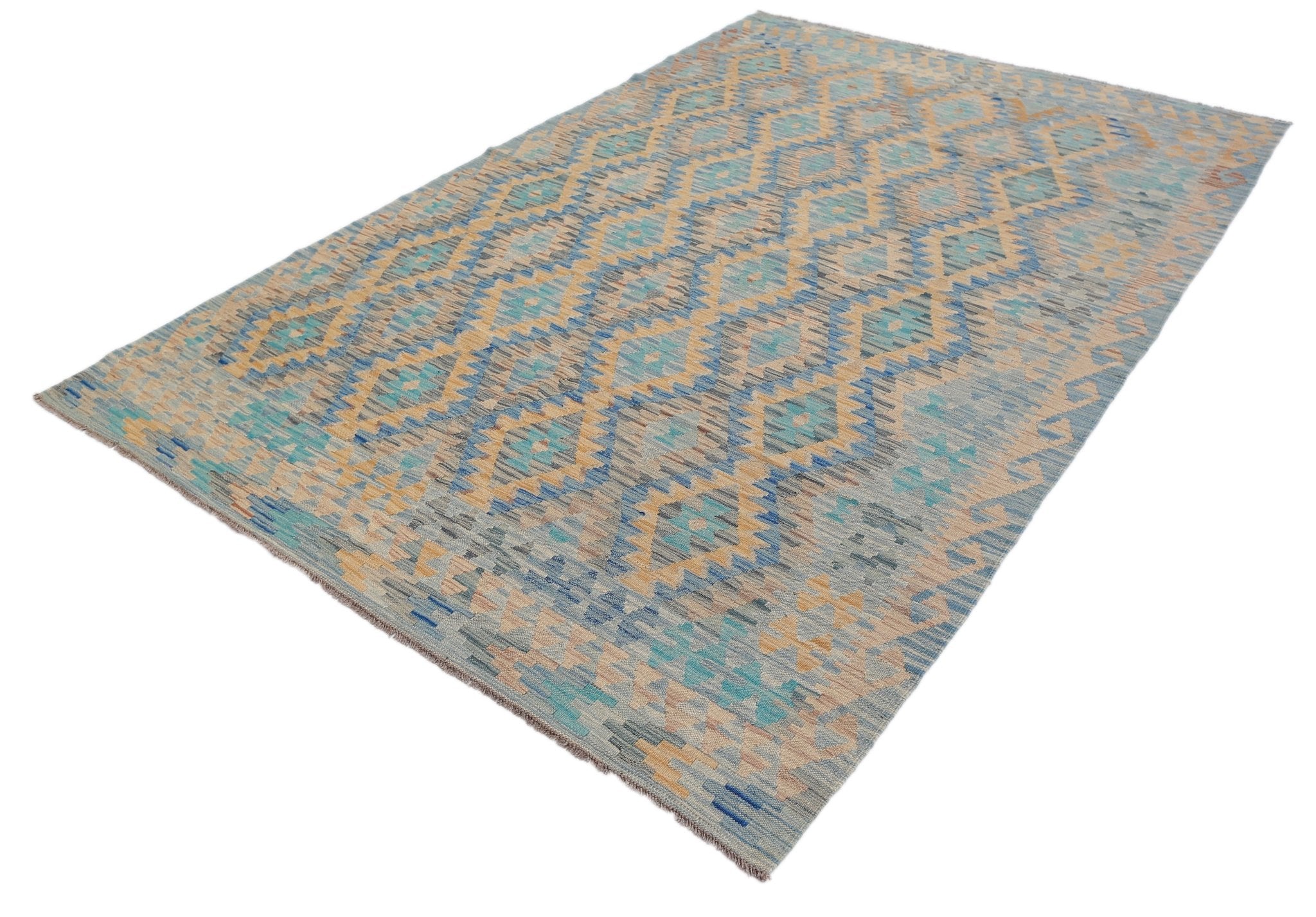 Handwoven Afghan Maimana kilim rug featuring a geometric diamond pattern in blue and tan tones.