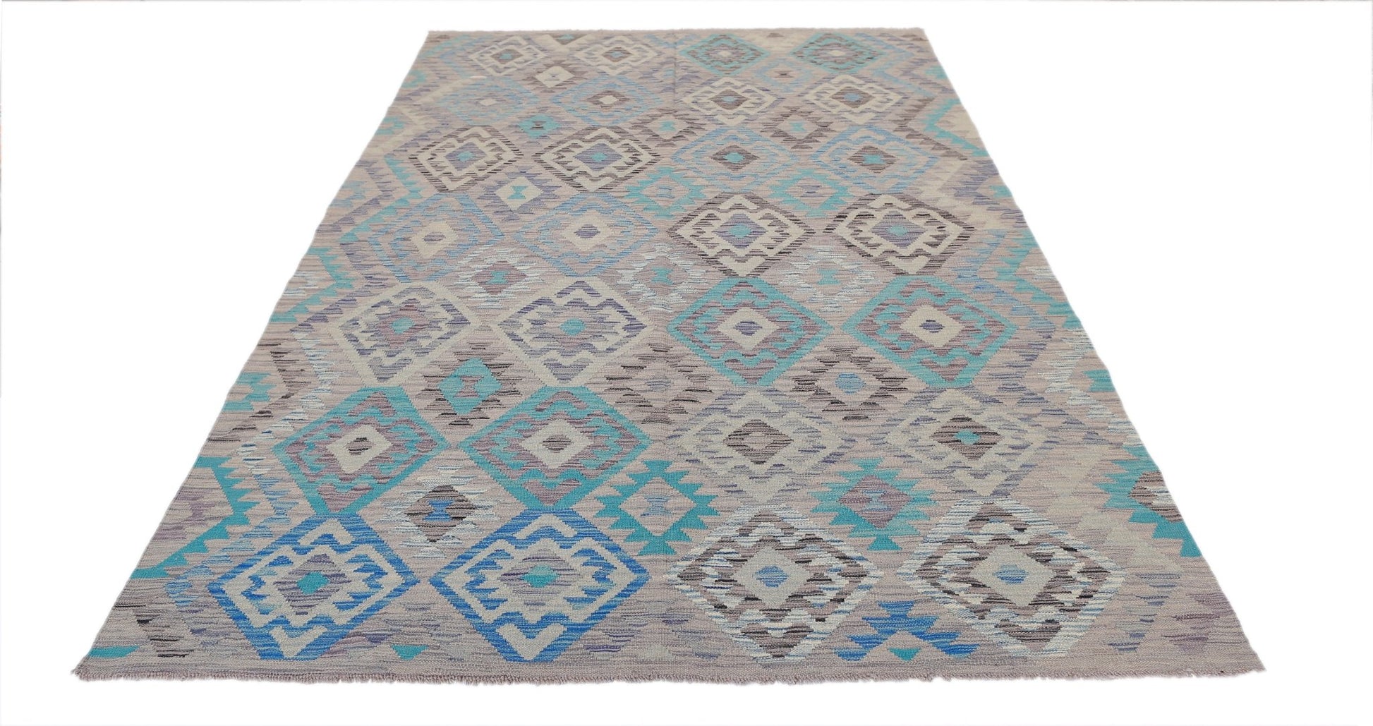 Handmade Afghan Maimana kilim rug featuring a geometric diamond pattern in blue and grey tones.