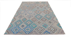 Handmade Afghan Maimana kilim rug featuring a geometric diamond pattern in blue and grey tones.