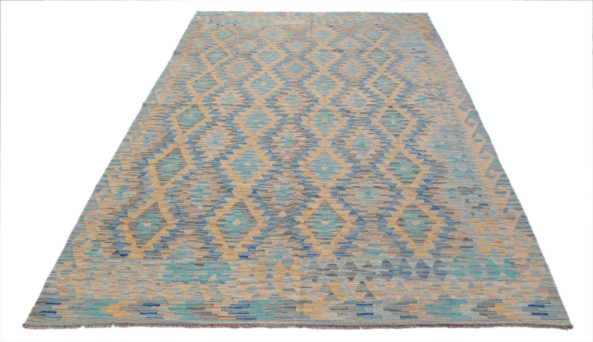 Handwoven Afghan Maimana kilim rug featuring a geometric diamond pattern in blue and tan tones.