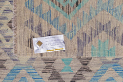 Handwoven Afghan Maimana kilim featuring a geometric pattern in shades of blue, grey, and beige.