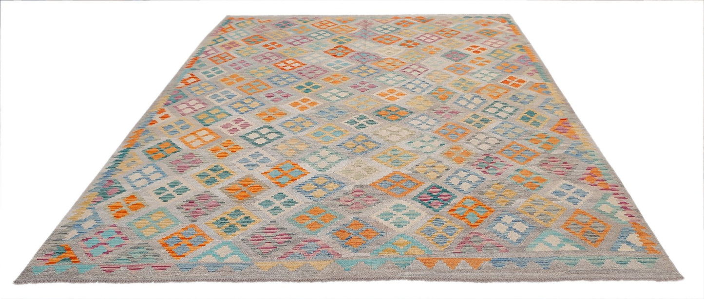 Handwoven Afghan Maimana kilim rug featuring a colorful geometric diamond pattern on a grey base.