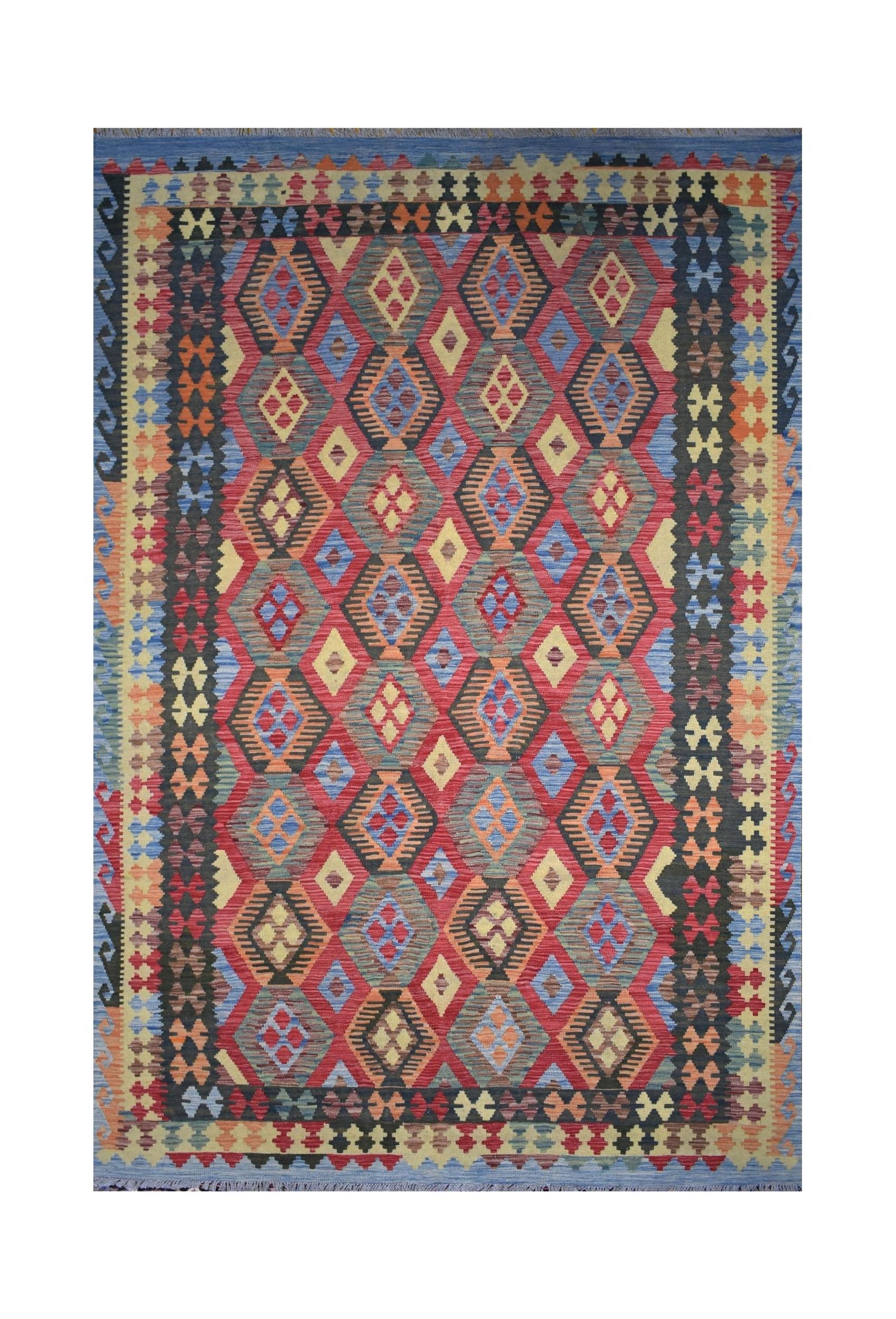 Handmade Afghan Maimana kilim rug featuring a vibrant geometric diamond pattern in wool.